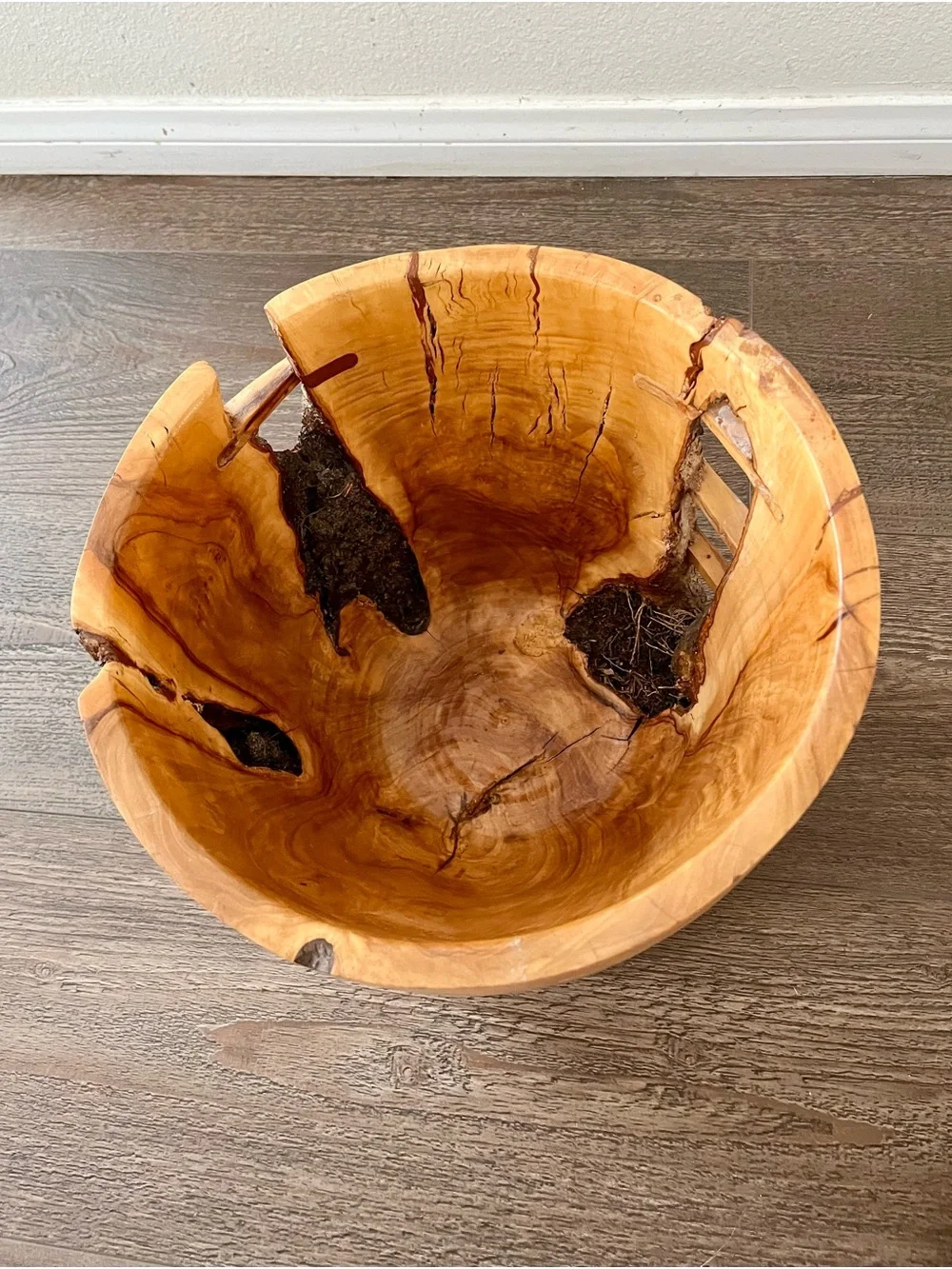 Hand-Carved Natural Wood Accent Planter - Honey Brown